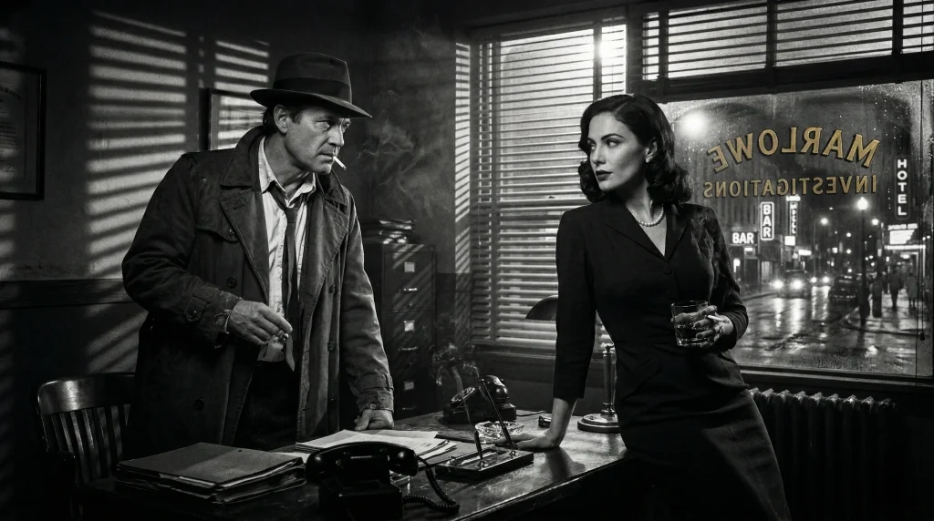 Film Noir Estetiği: Karanlık Sokakların Çekimi 3 Klasik bir film noir sahne